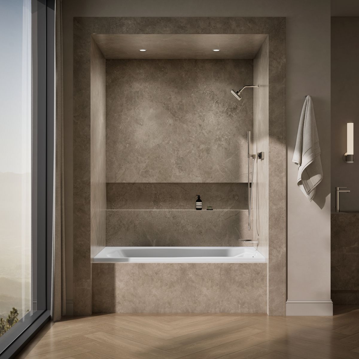 Up to 2 walls & multiple product categories visible, 1-point perspective