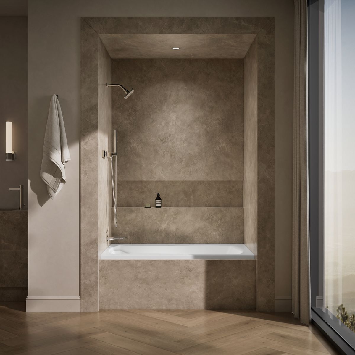 Up to 2 walls & multiple product categories visible, 1-point perspective