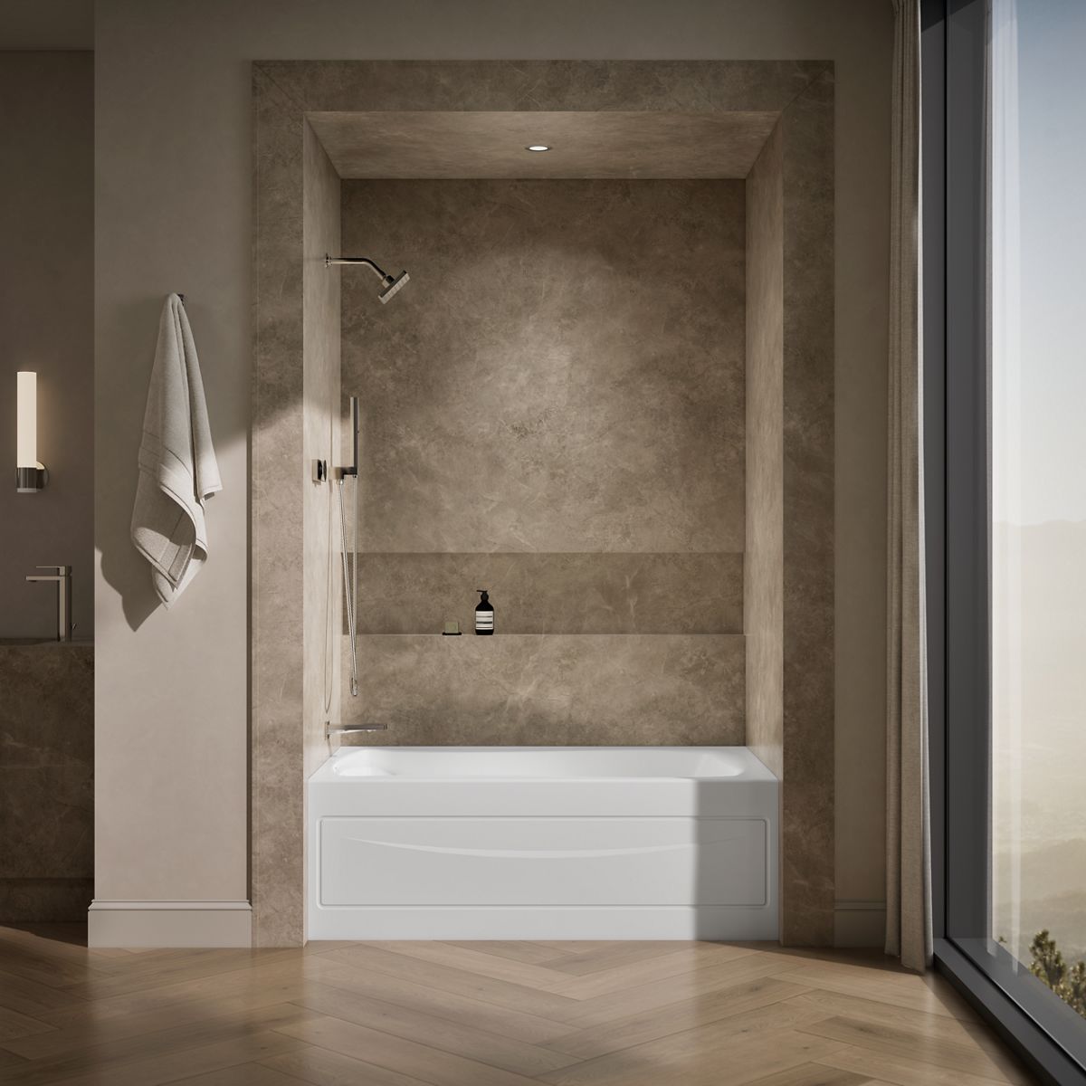 Up to 2 walls & multiple product categories visible, 1-point perspective