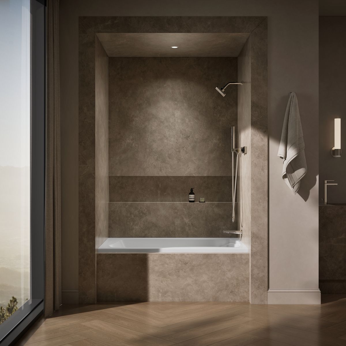 Up to 2 walls & multiple product categories visible, 1-point perspective