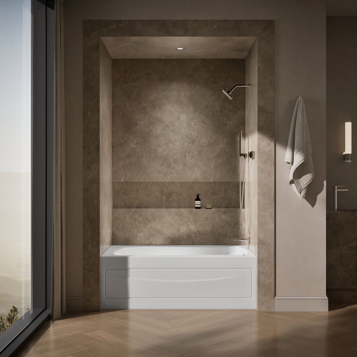 Up to 2 walls & multiple product categories visible, 1-point perspective