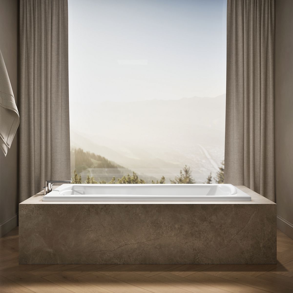 Up to 2 walls & multiple product categories visible, 1-point perspective