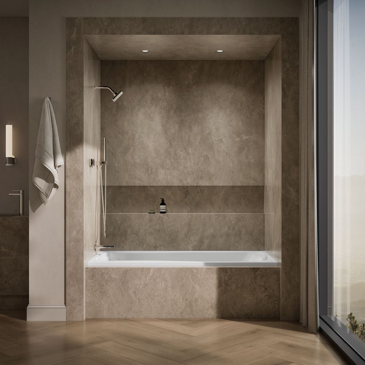 Up to 2 walls & multiple product categories visible, 1-point perspective