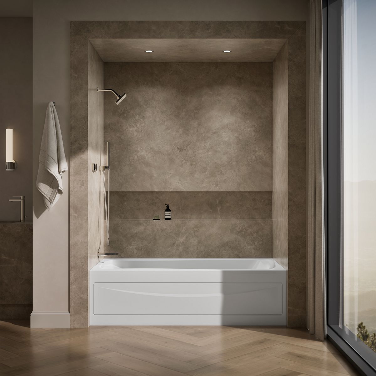 Up to 2 walls & multiple product categories visible, 1-point perspective