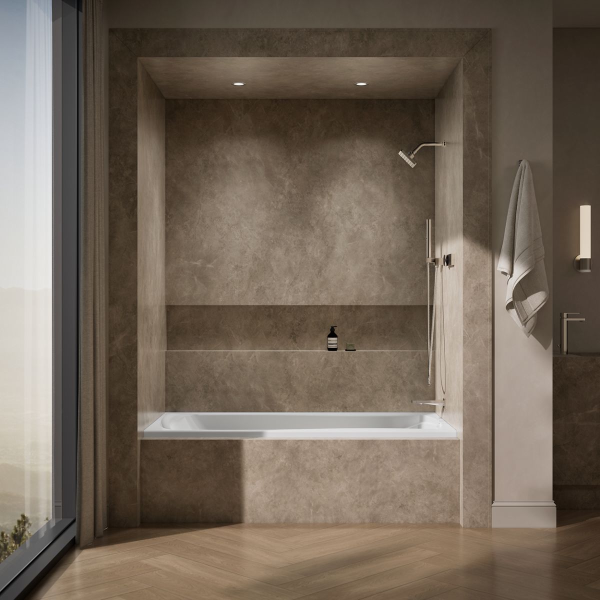 Up to 2 walls & multiple product categories visible, 1-point perspective