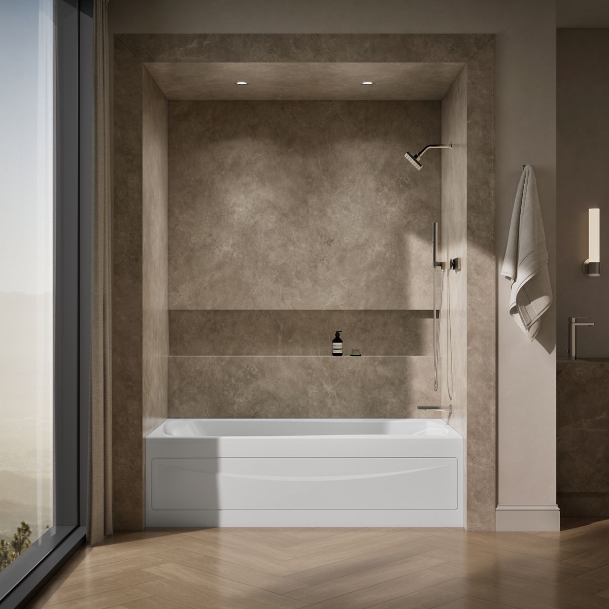 Up to 2 walls & multiple product categories visible, 1-point perspective
