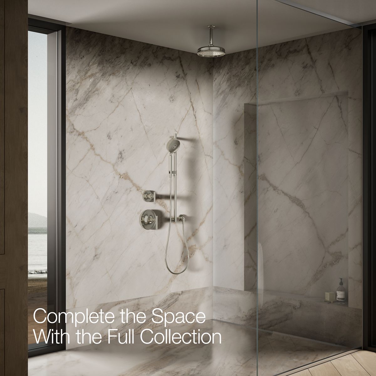 Up to 3 walls & multiple product categories visible, 2-point perspective