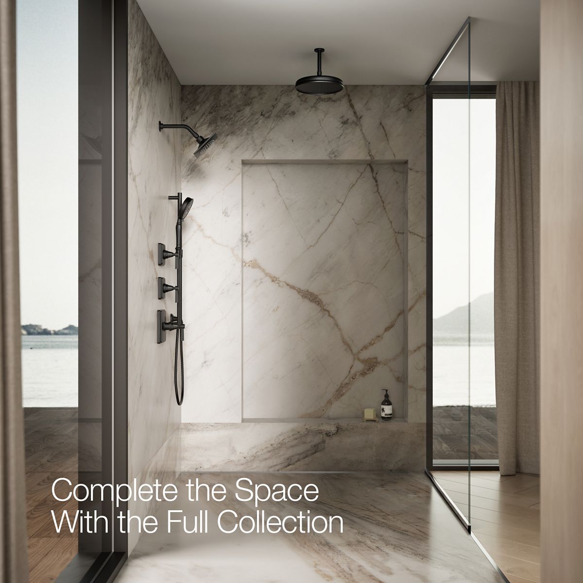 Up to 3 walls & multiple product categories visible, 1-point perspective