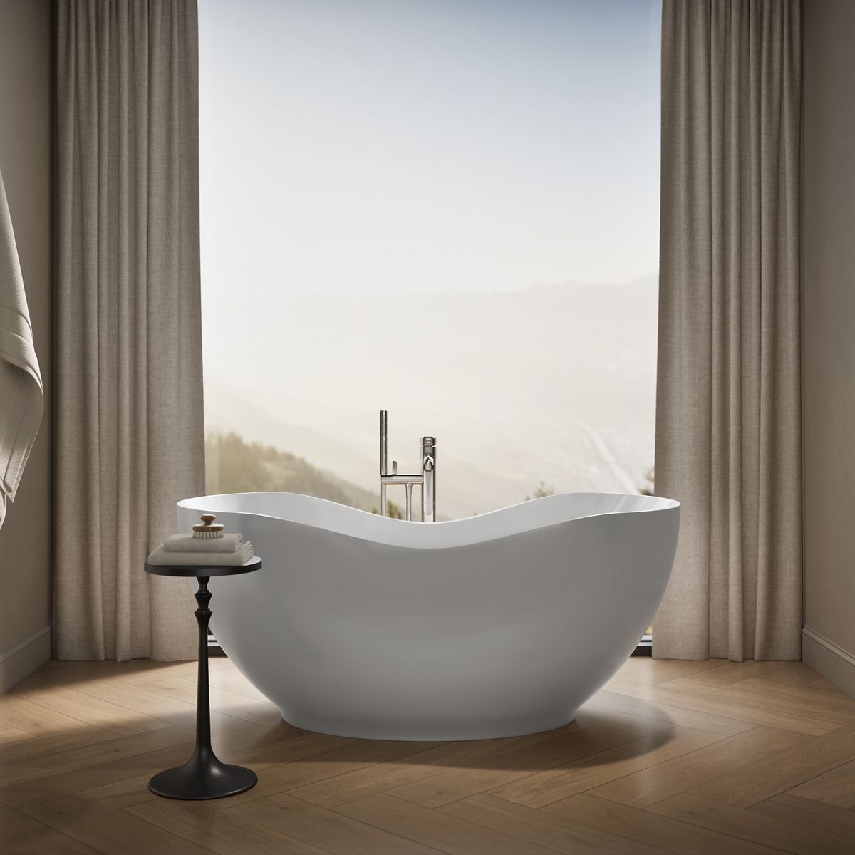 Up to 2 walls & multiple product categories visible, 1-point perspective