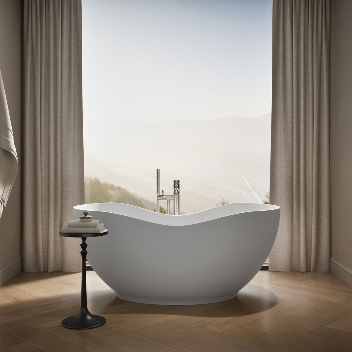 Up to 2 walls & multiple product categories visible, 1-point perspective