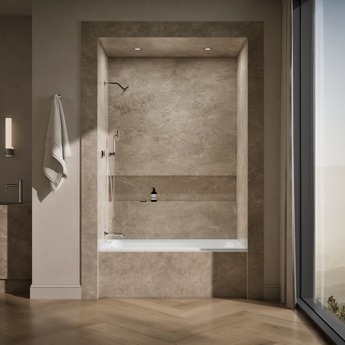 Up to 2 walls & multiple product categories visible, 1-point perspective