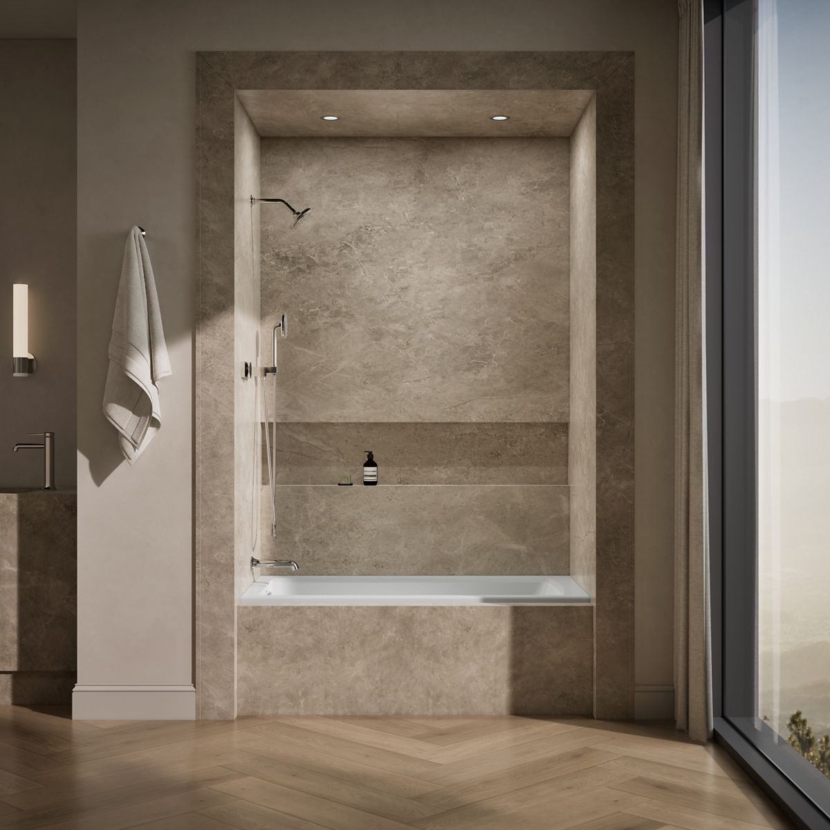 Up to 2 walls & multiple product categories visible, 1-point perspective