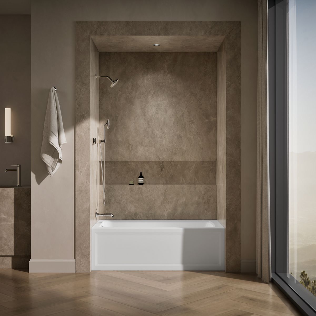 Up to 2 walls & multiple product categories visible, 1-point perspective