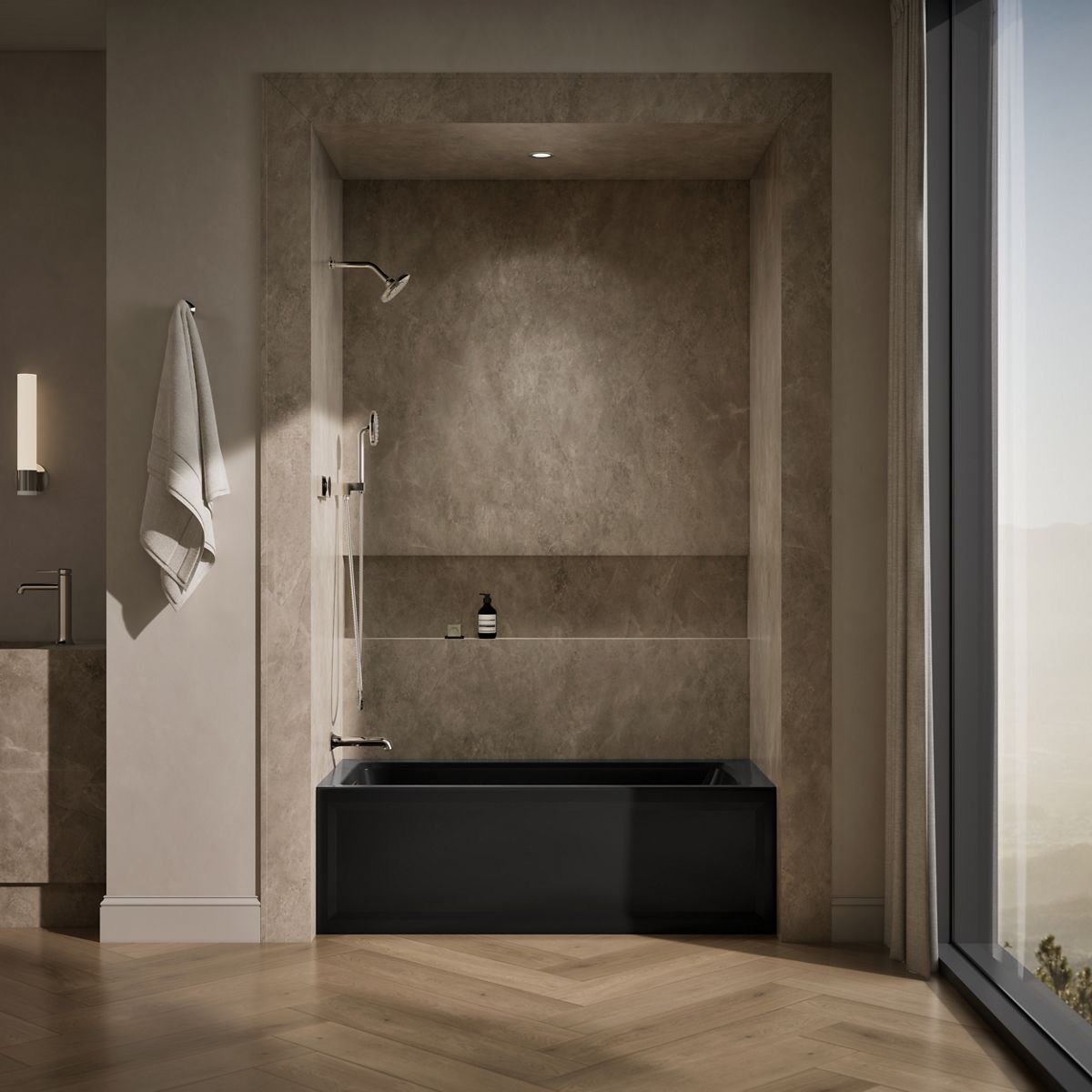 Up to 2 walls & multiple product categories visible, 1-point perspective