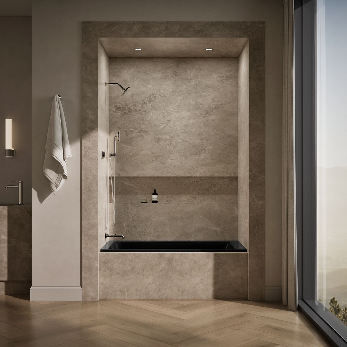 Up to 2 walls & multiple product categories visible, 1-point perspective