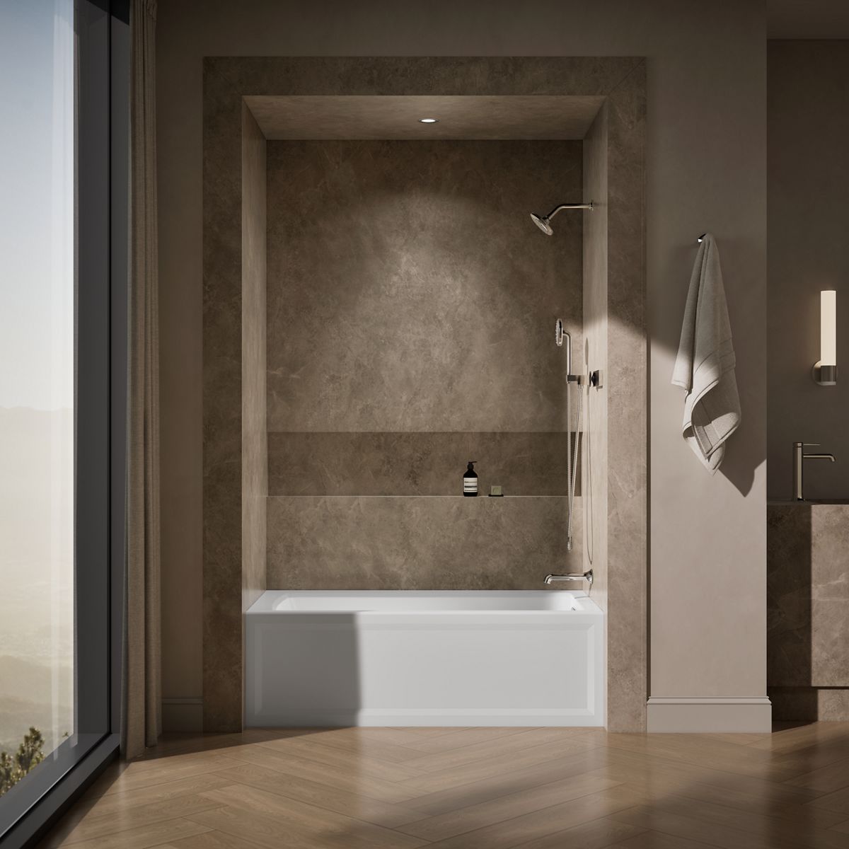 Up to 2 walls & multiple product categories visible, 1-point perspective