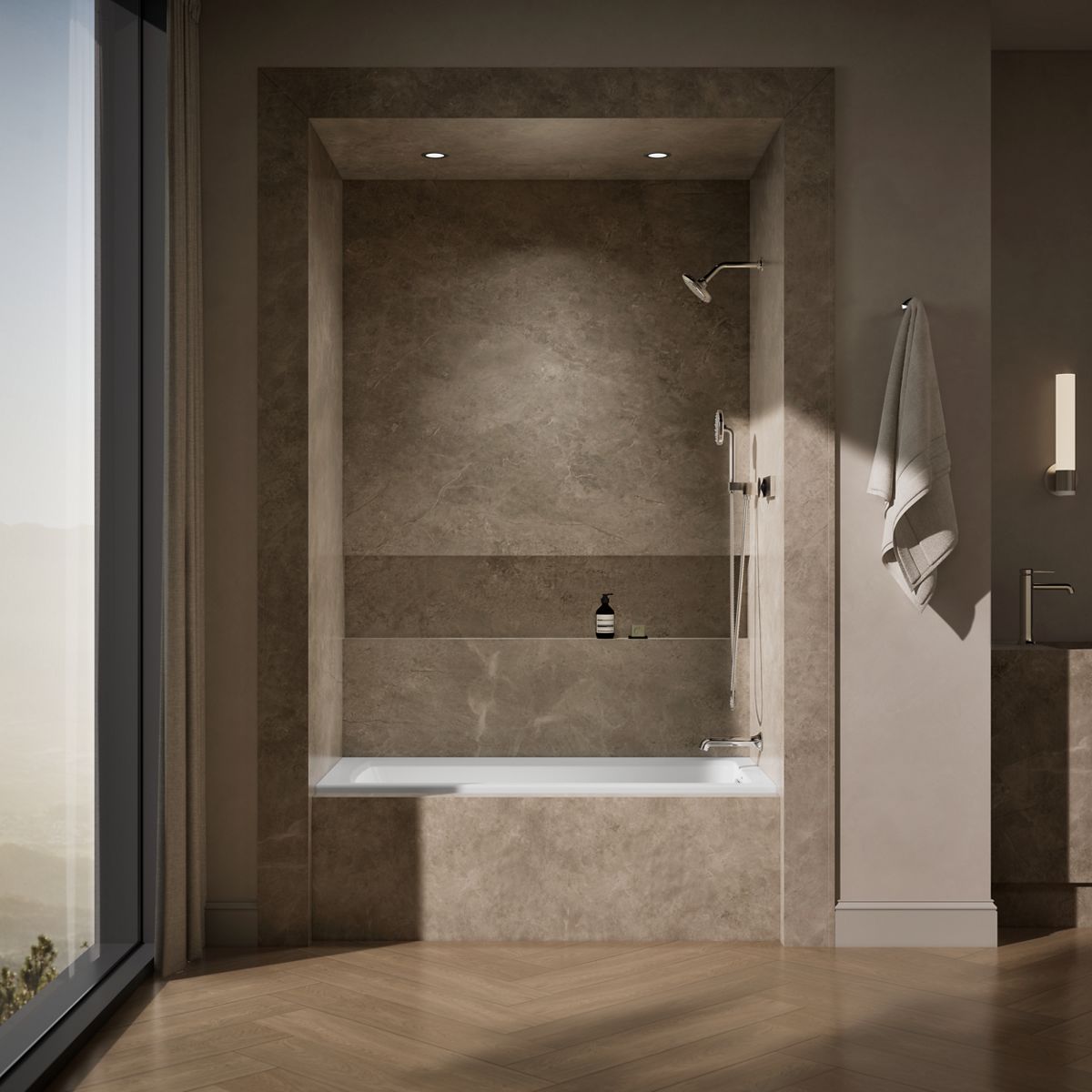Up to 2 walls & multiple product categories visible, 1-point perspective