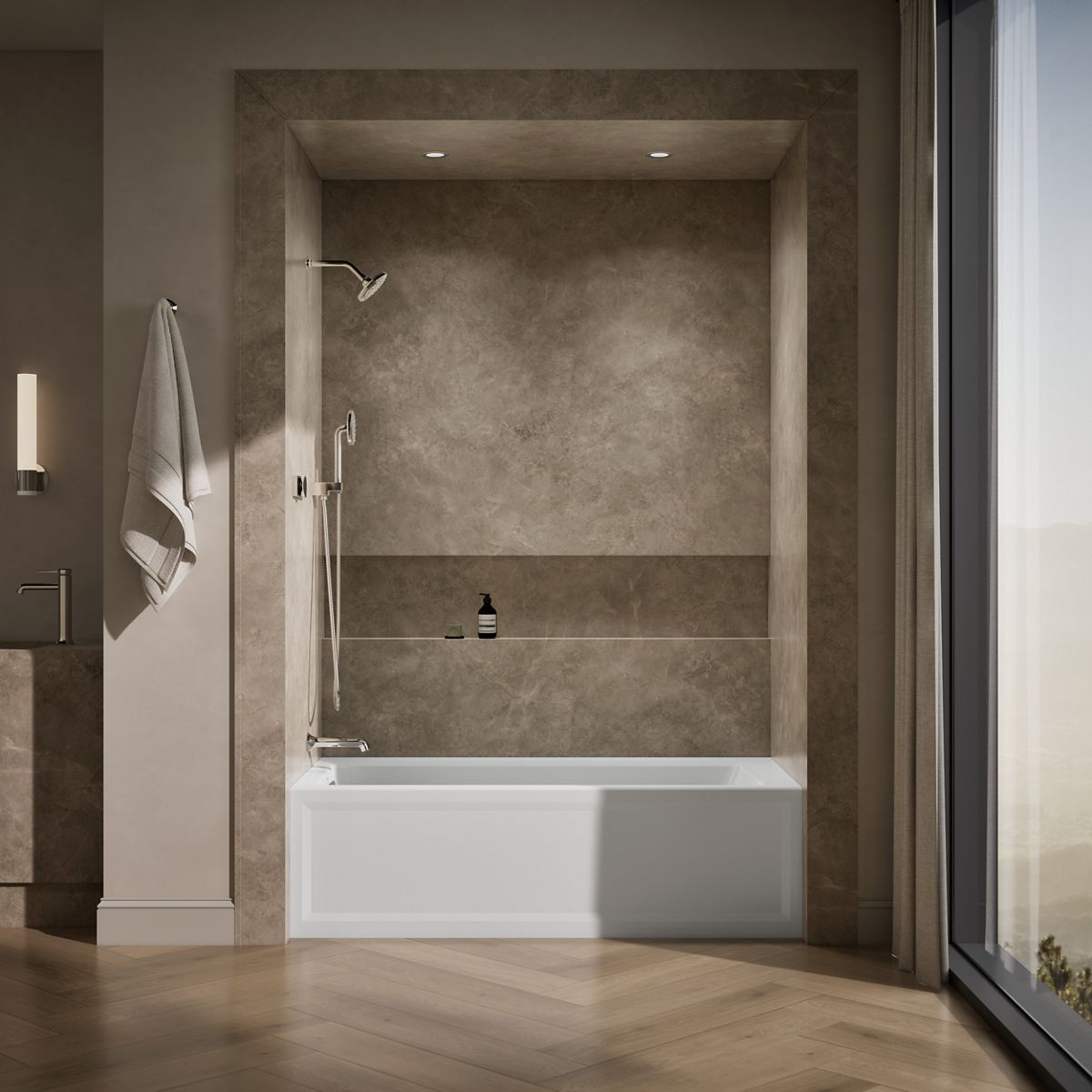 Up to 2 walls & multiple product categories visible, 1-point perspective