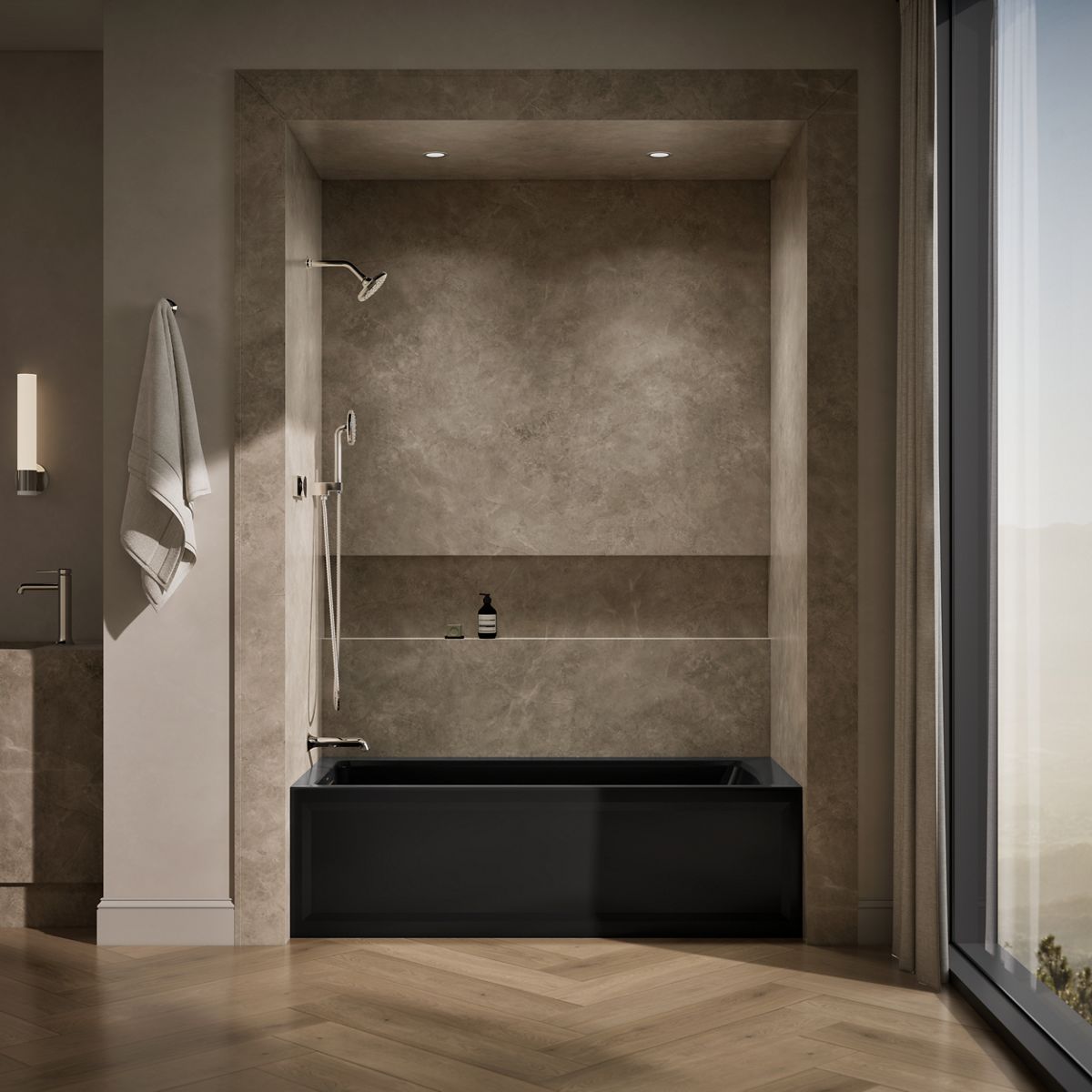 Up to 2 walls & multiple product categories visible, 1-point perspective