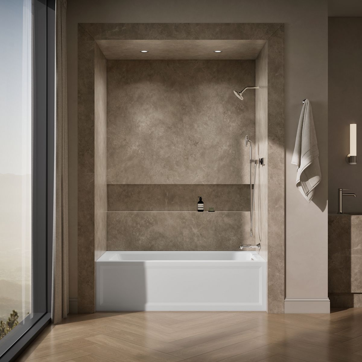 Up to 2 walls & multiple product categories visible, 1-point perspective