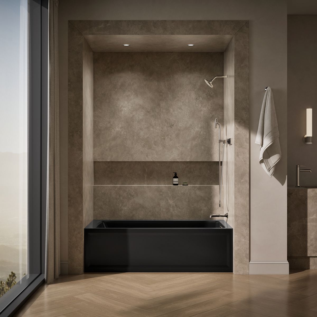 Up to 2 walls & multiple product categories visible, 1-point perspective