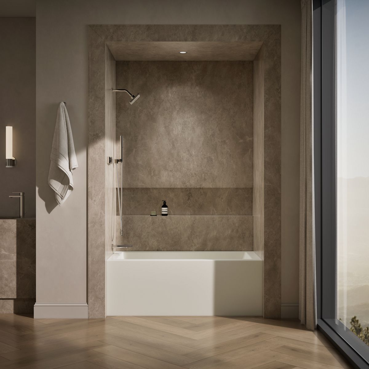Up to 2 walls & multiple product categories visible, 1-point perspective