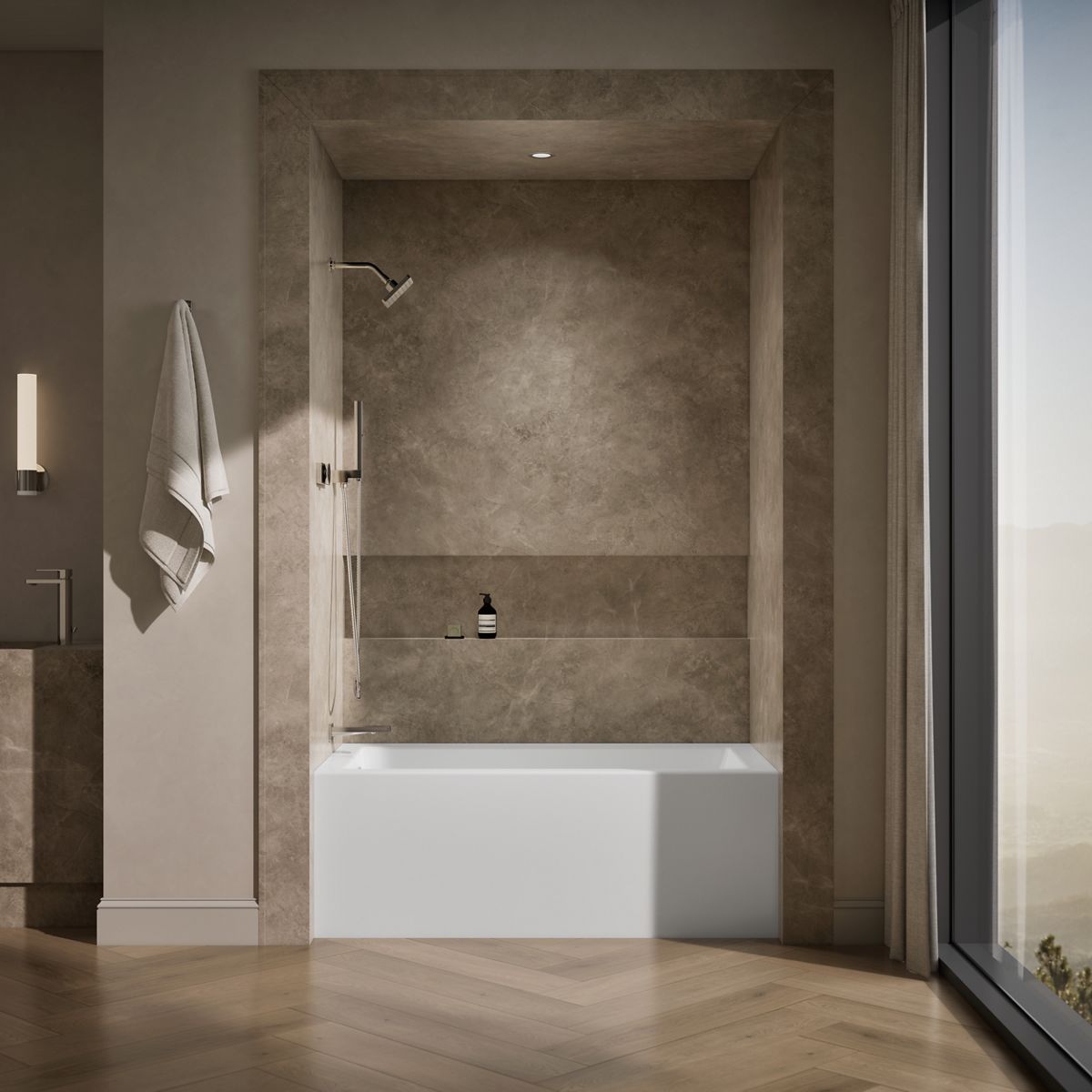 Up to 2 walls & multiple product categories visible, 1-point perspective