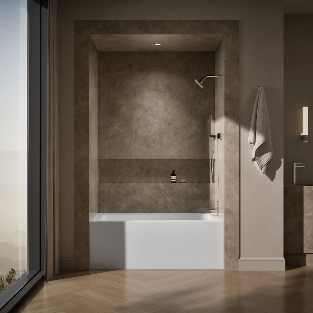 Up to 2 walls & multiple product categories visible, 1-point perspective