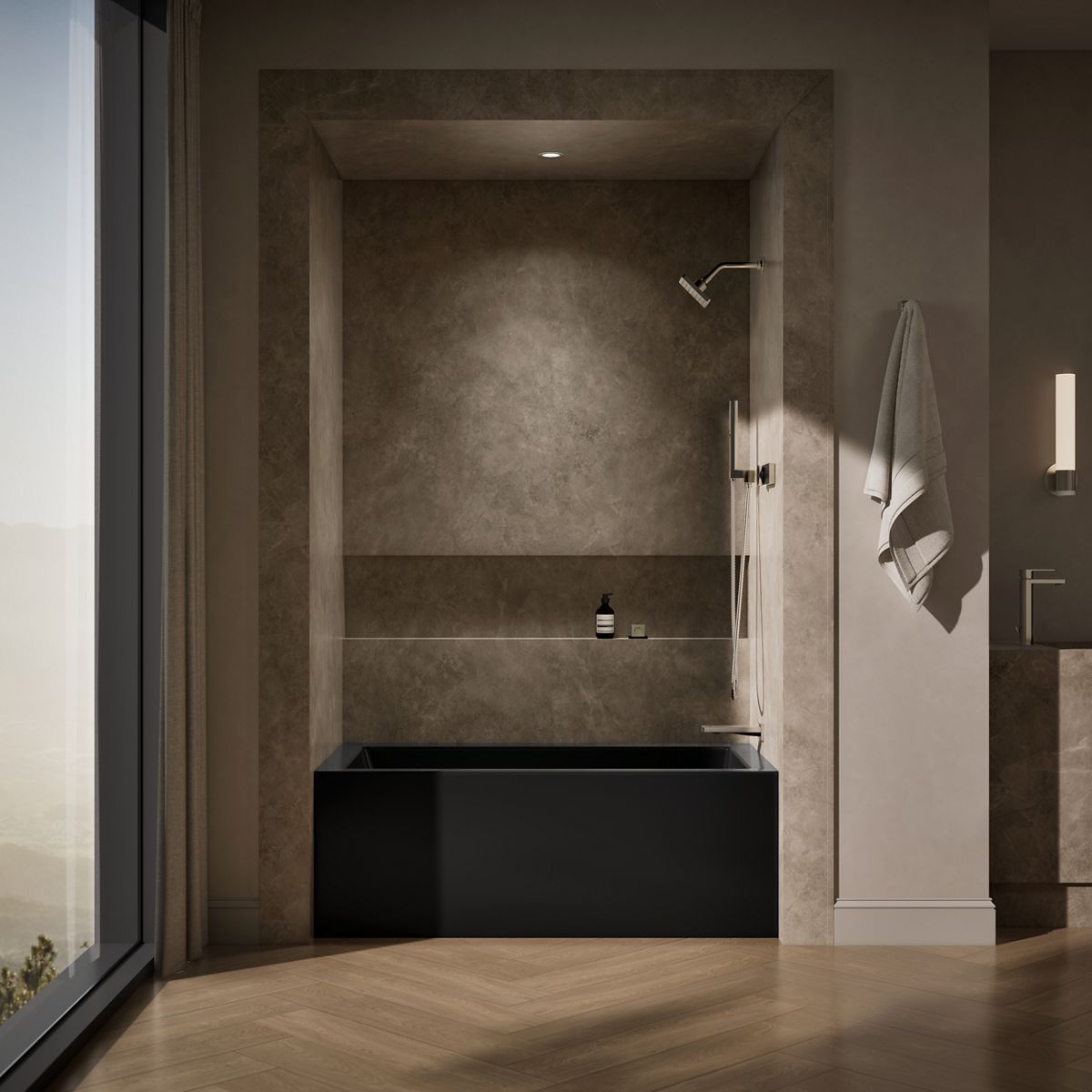 Up to 2 walls & multiple product categories visible, 1-point perspective