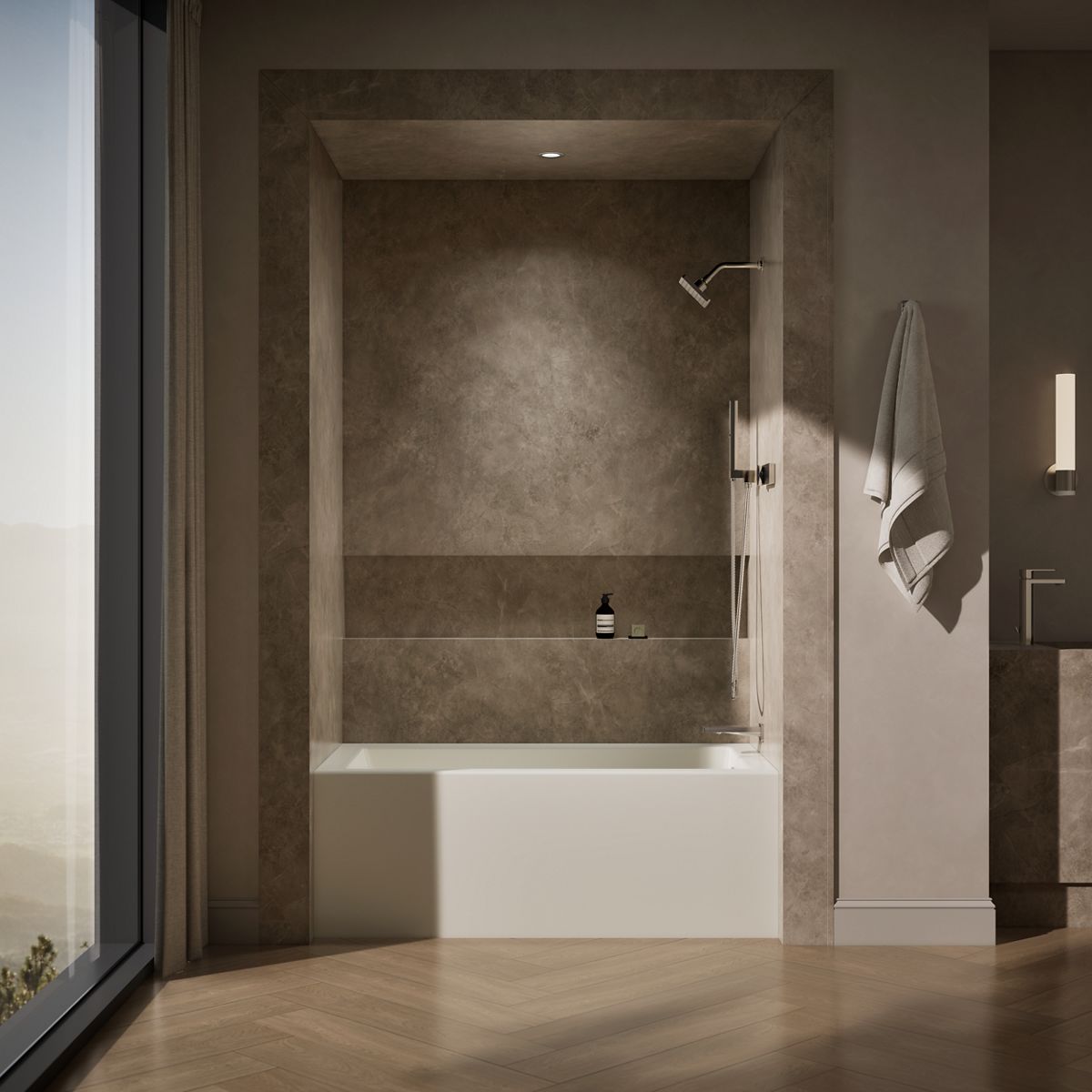 Up to 2 walls & multiple product categories visible, 1-point perspective