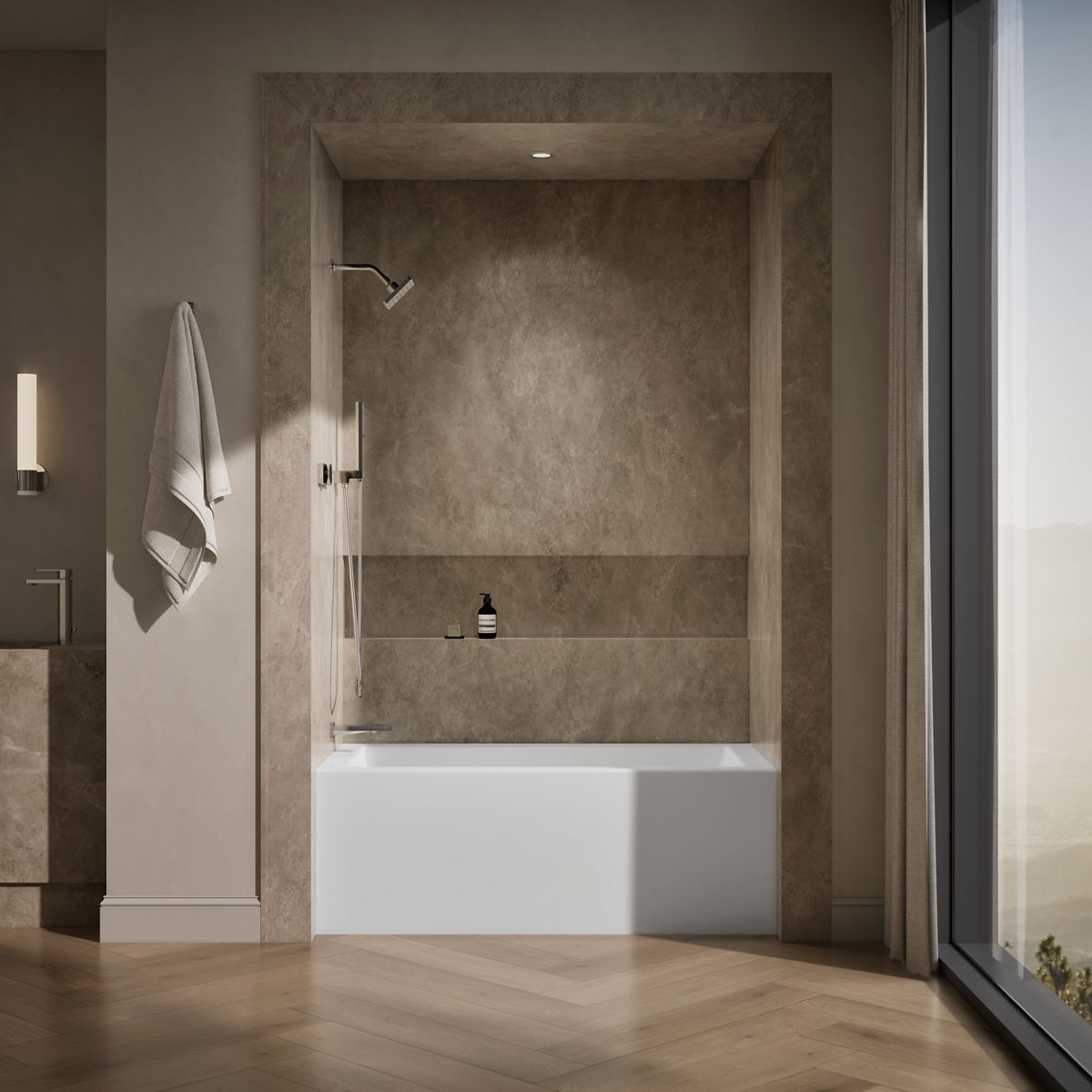 Up to 2 walls & multiple product categories visible, 1-point perspective