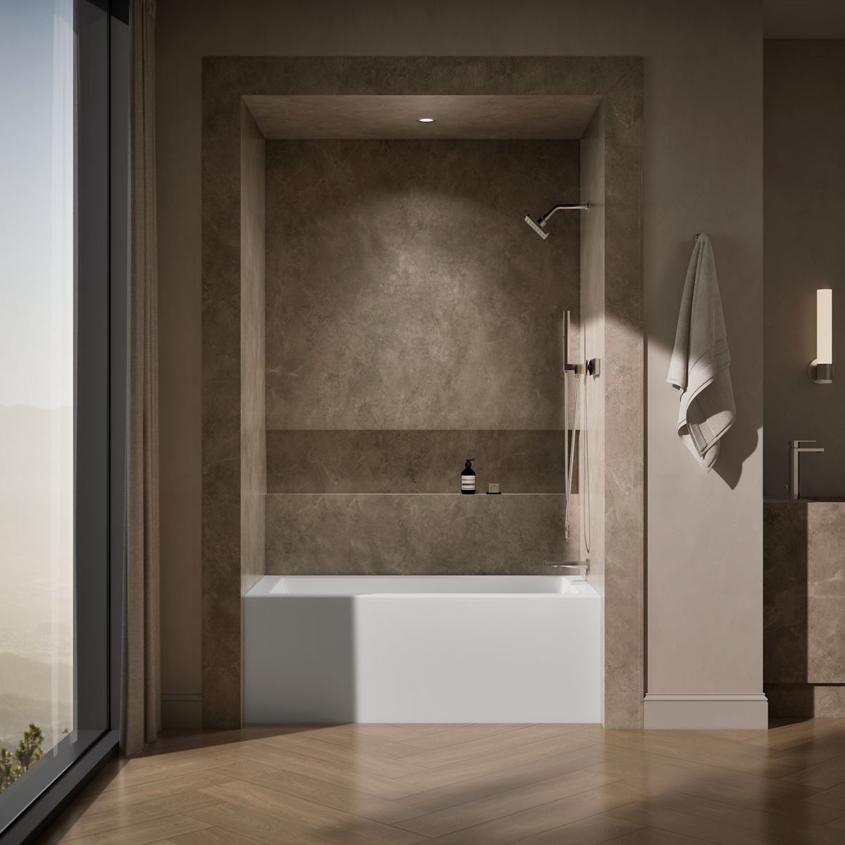 Up to 2 walls & multiple product categories visible, 1-point perspective