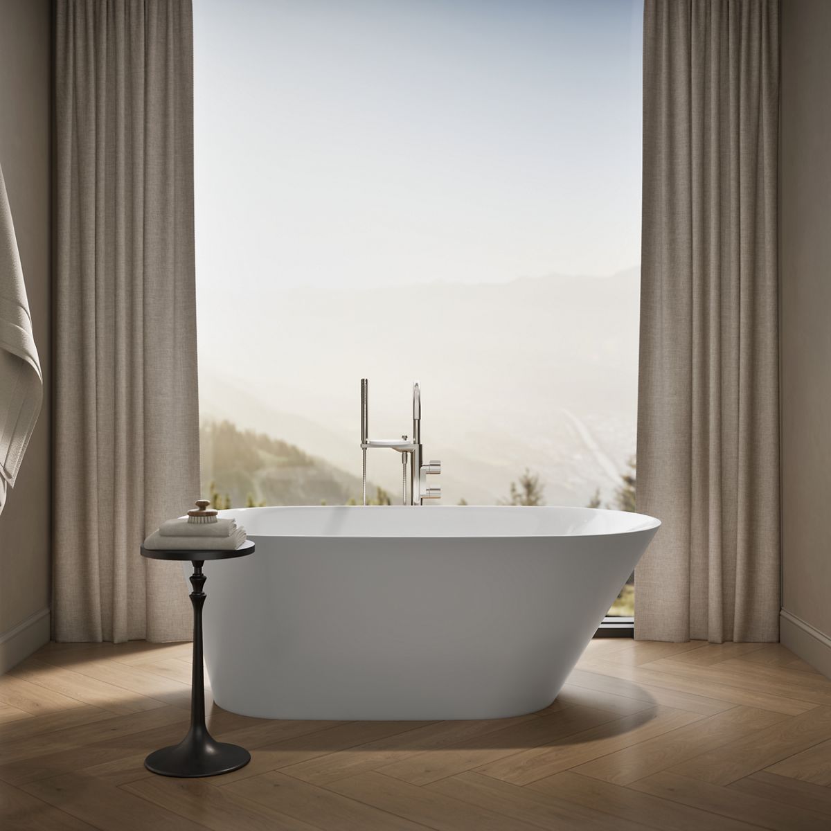Up to 2 walls & multiple product categories visible, 1-point perspective