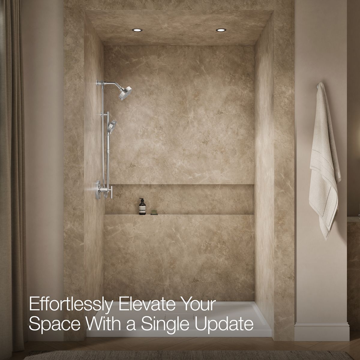 Up to 2 walls & multiple product categories visible, 1-point perspective