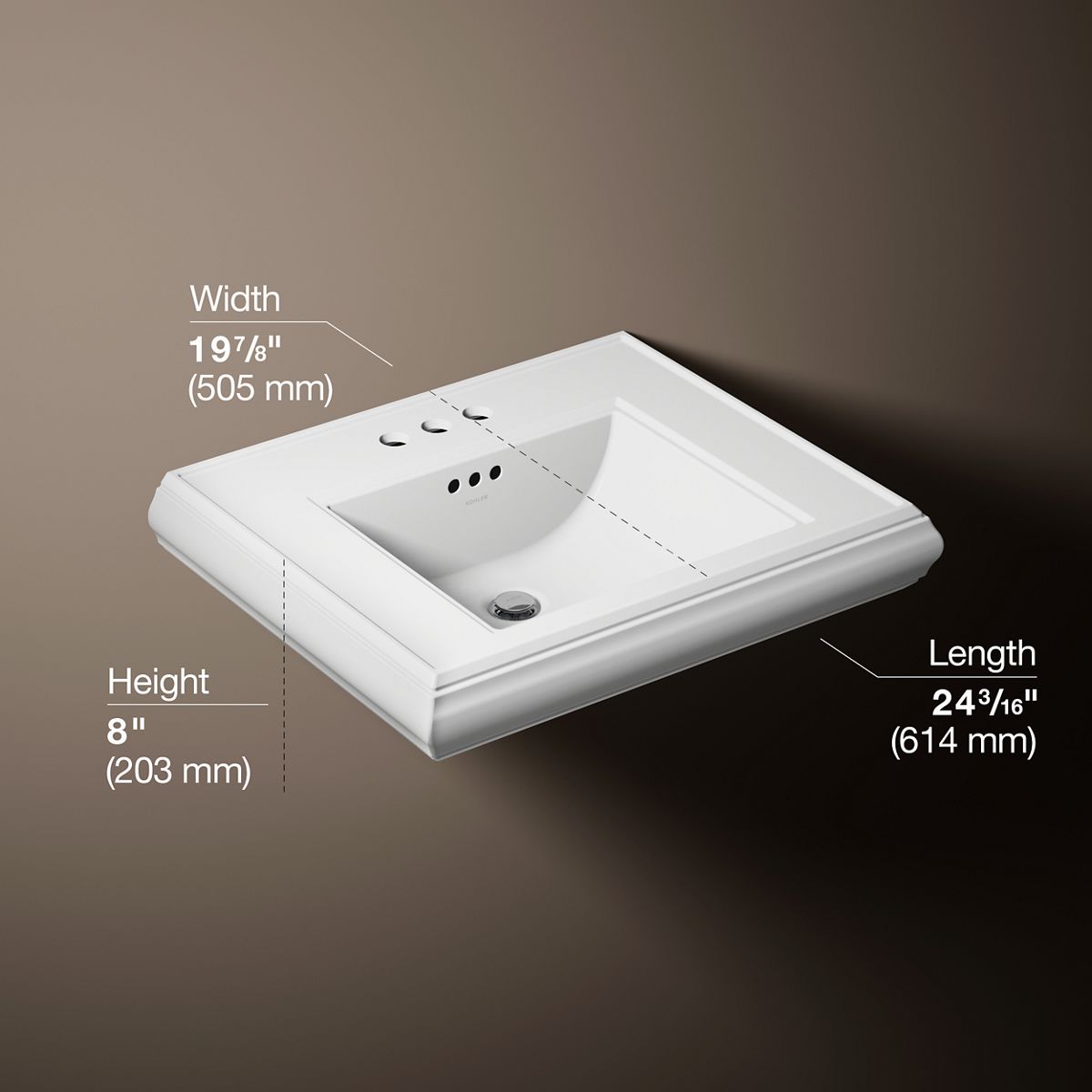 3/4 view of product with dimensions