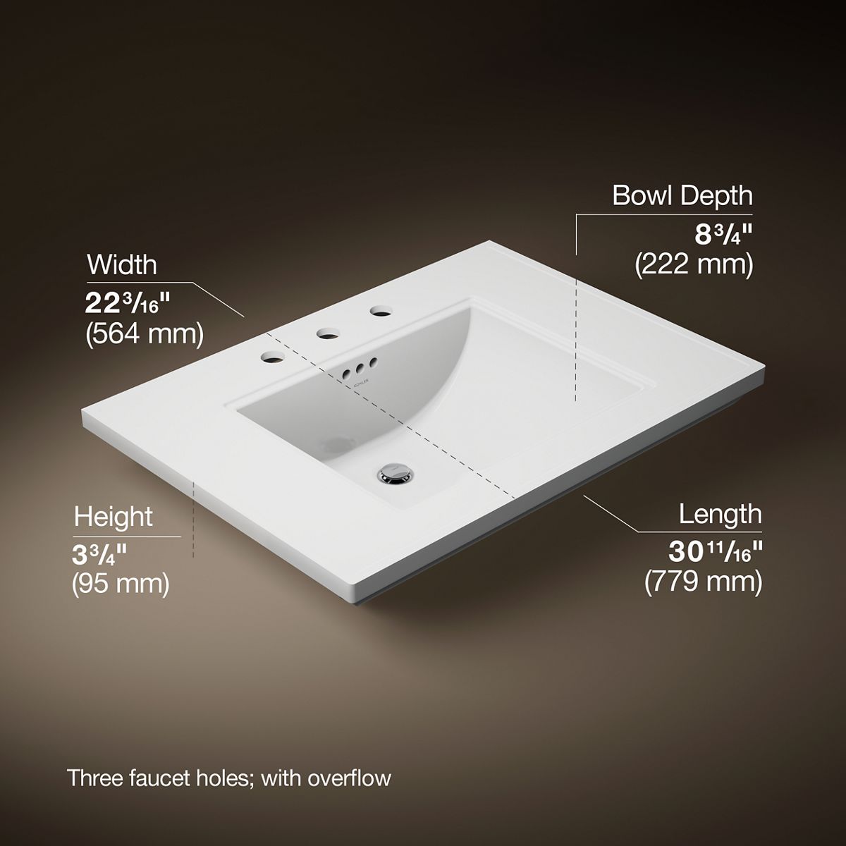 3/4 view of product with dimensions