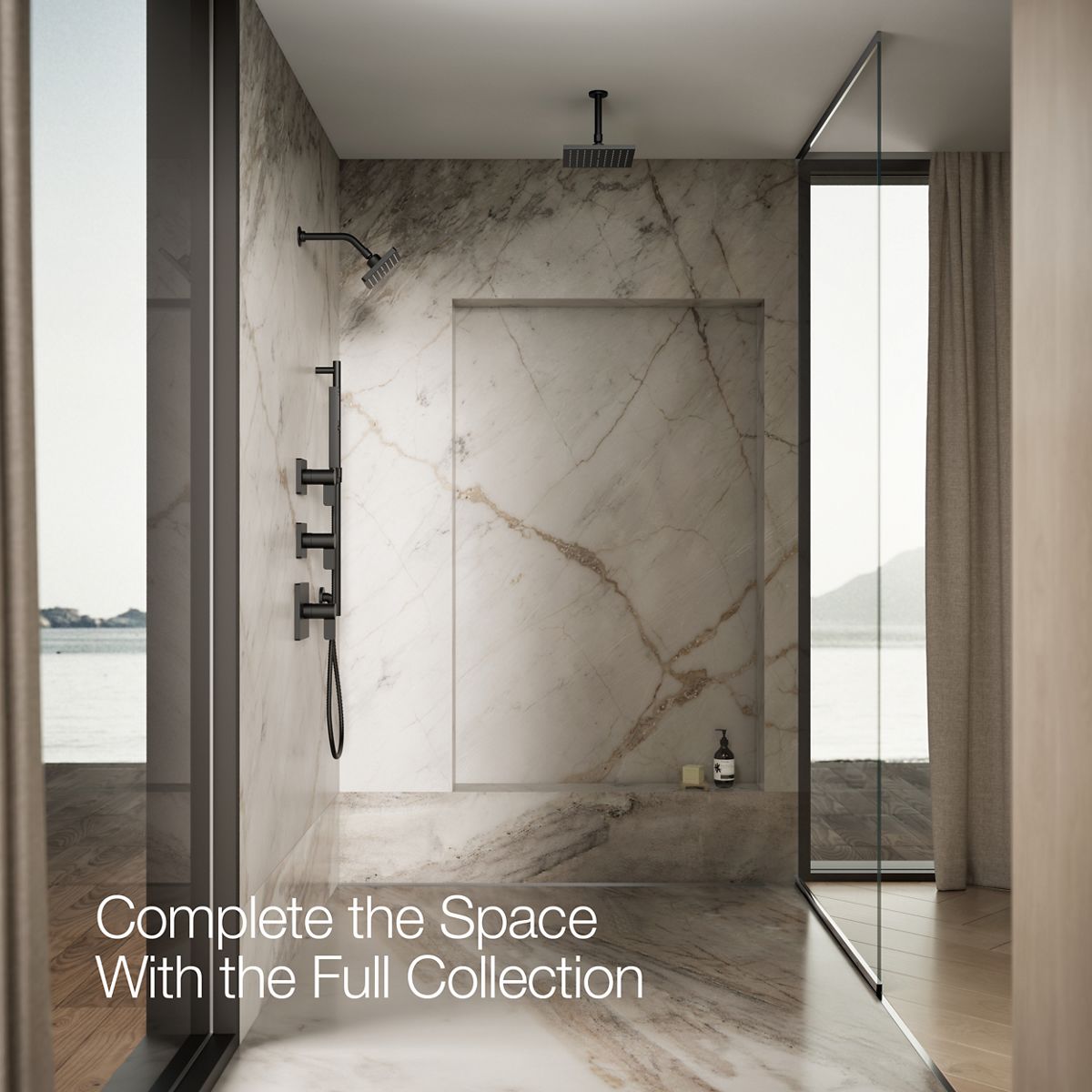 Up to 3 walls & multiple product categories visible, 1-point perspective