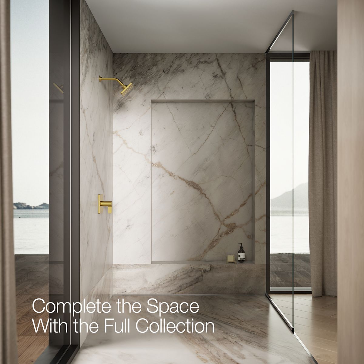 Up to 3 walls & multiple product categories visible, 1-point perspective
