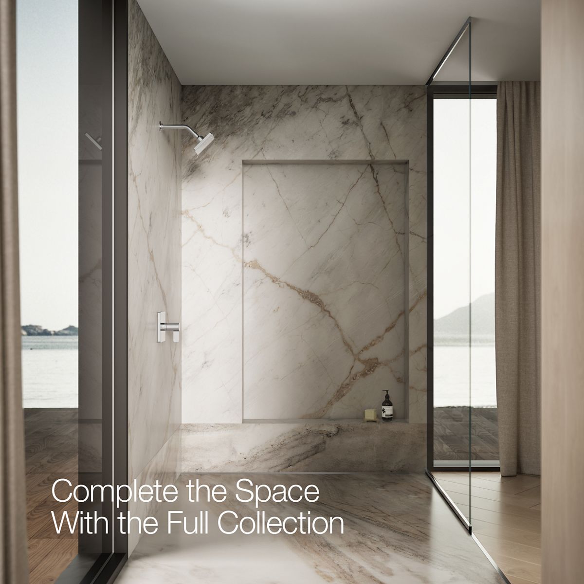 Up to 3 walls & multiple product categories visible, 1-point perspective