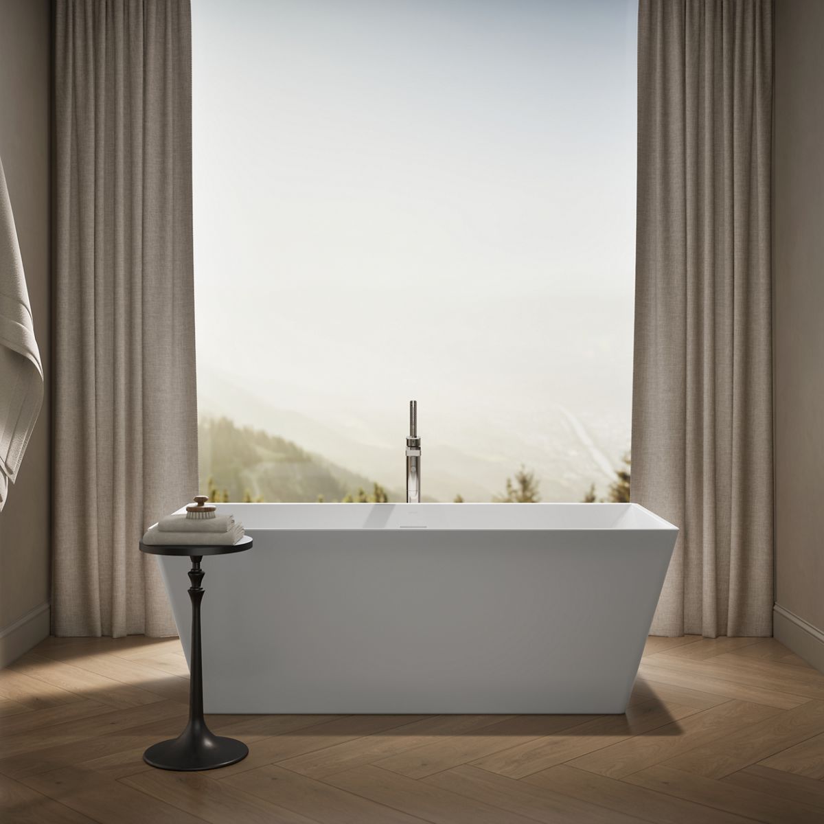 Up to 2 walls & multiple product categories visible, 1-point perspective
