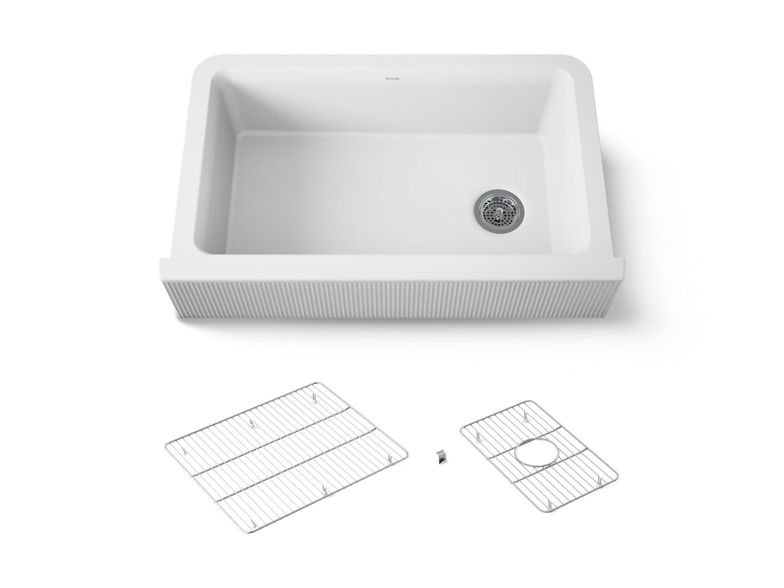 Cairn 34" undermount single-bowl farmhouse kitchen sink with fluted design