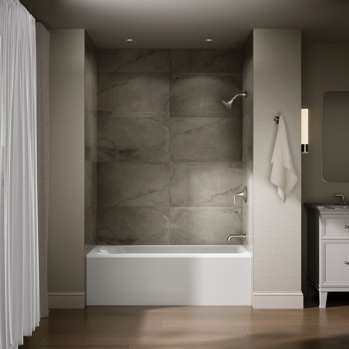 Up to 2 walls & multiple product categories visible, 1-point perspective