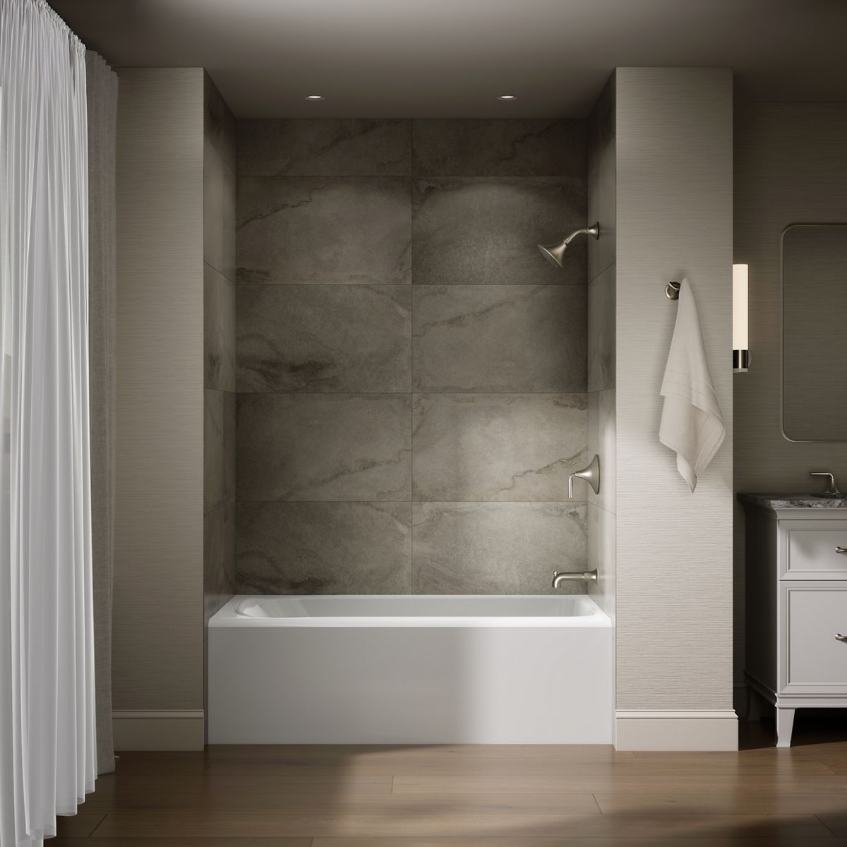 Up to 2 walls & multiple product categories visible, 1-point perspective