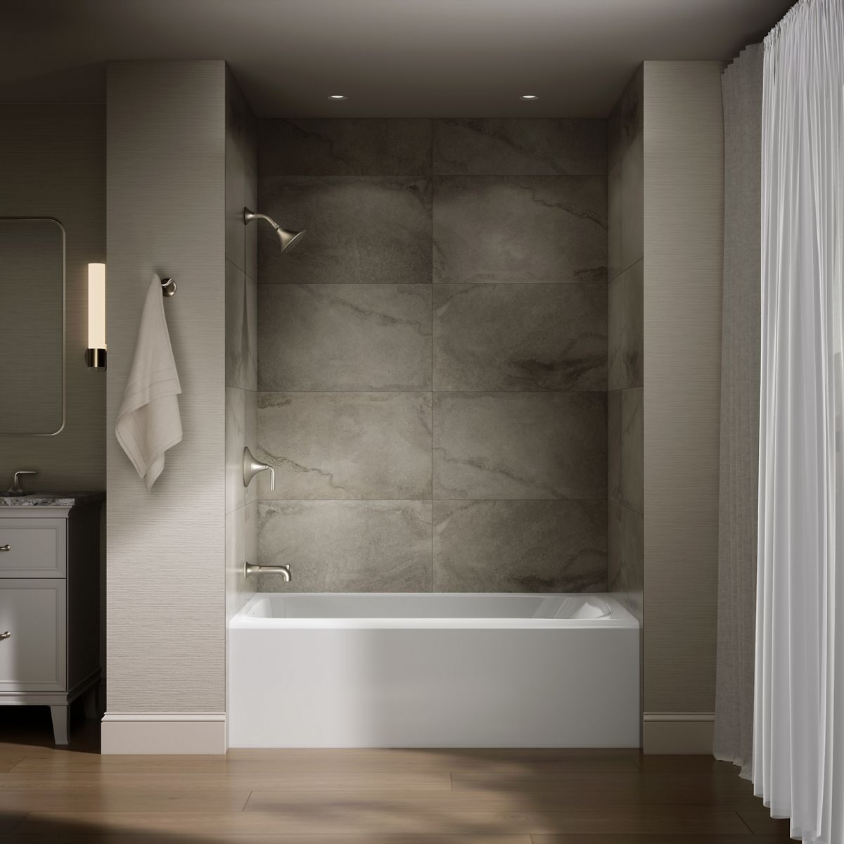 Up to 2 walls & multiple product categories visible, 1-point perspective
