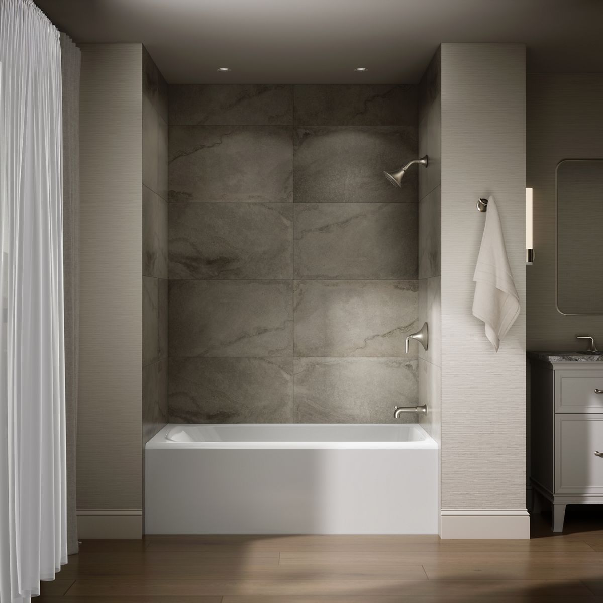Up to 2 walls & multiple product categories visible, 1-point perspective