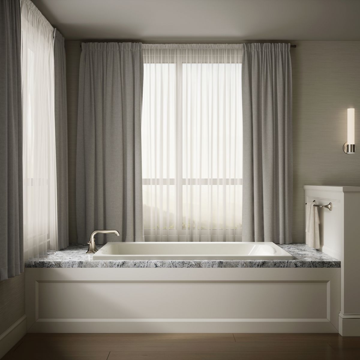 Up to 2 walls & multiple product categories visible, 1-point perspective