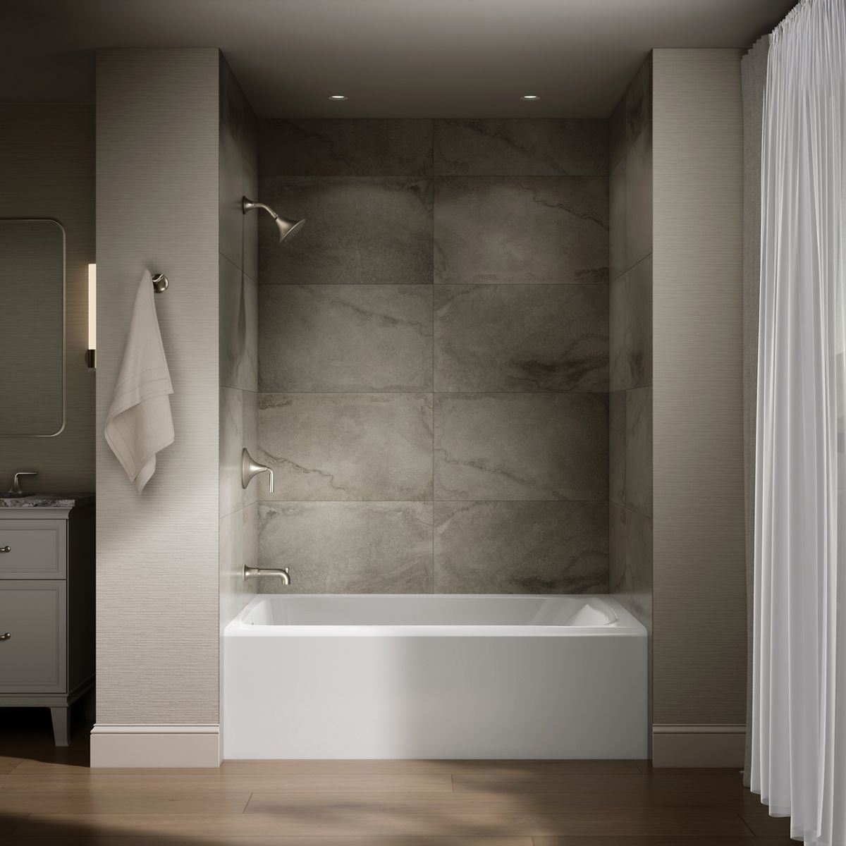 Up to 2 walls & multiple product categories visible, 1-point perspective
