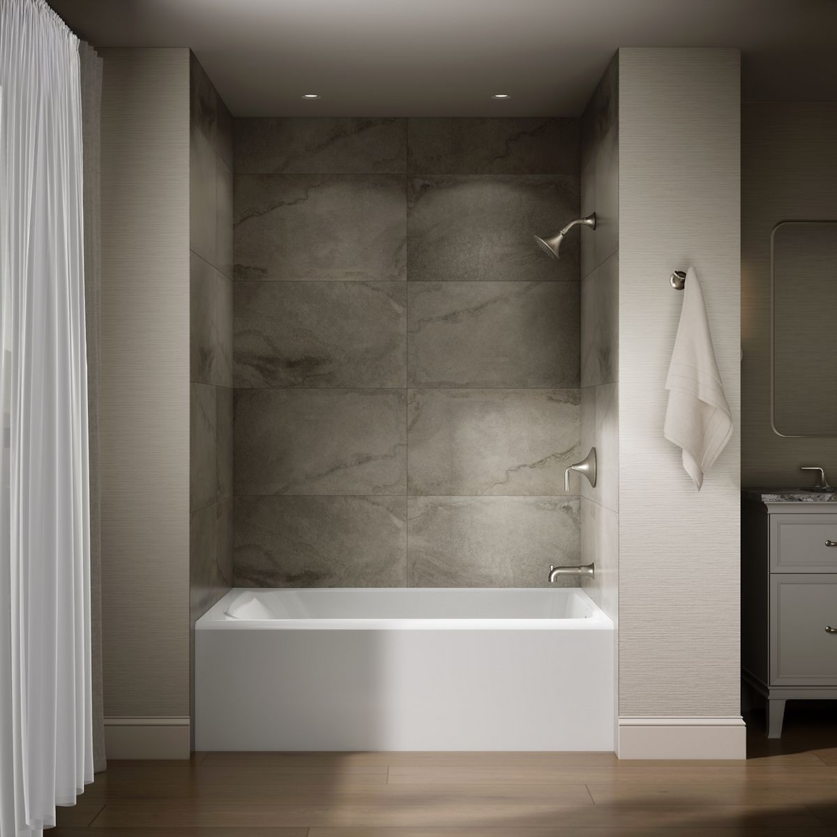 Up to 2 walls & multiple product categories visible, 1-point perspective