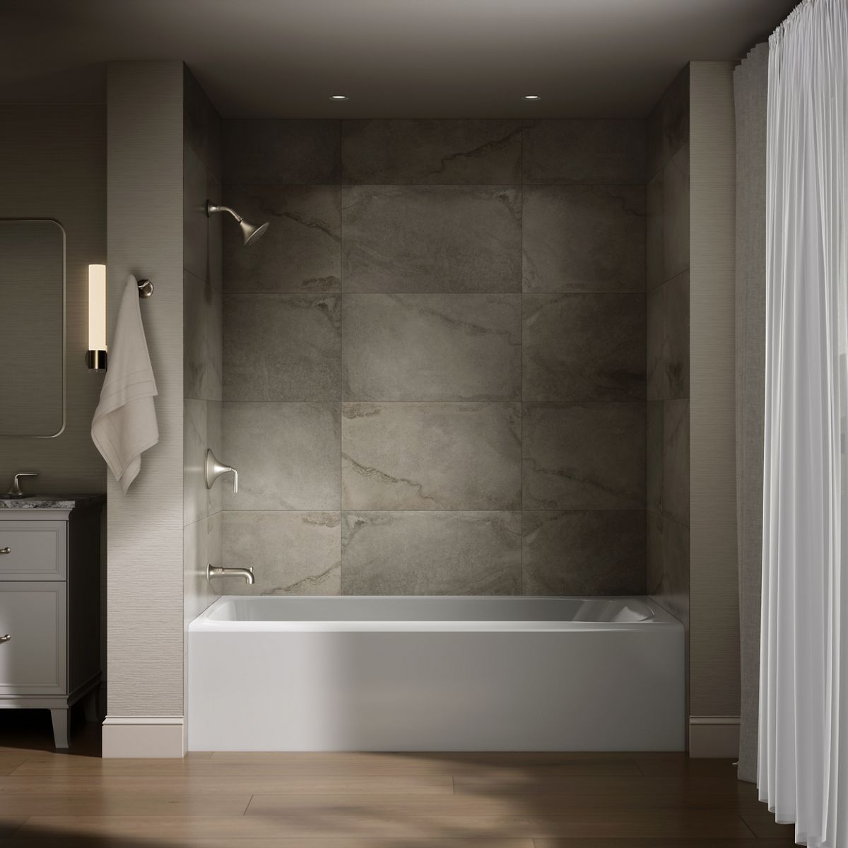 Up to 2 walls & multiple product categories visible, 1-point perspective