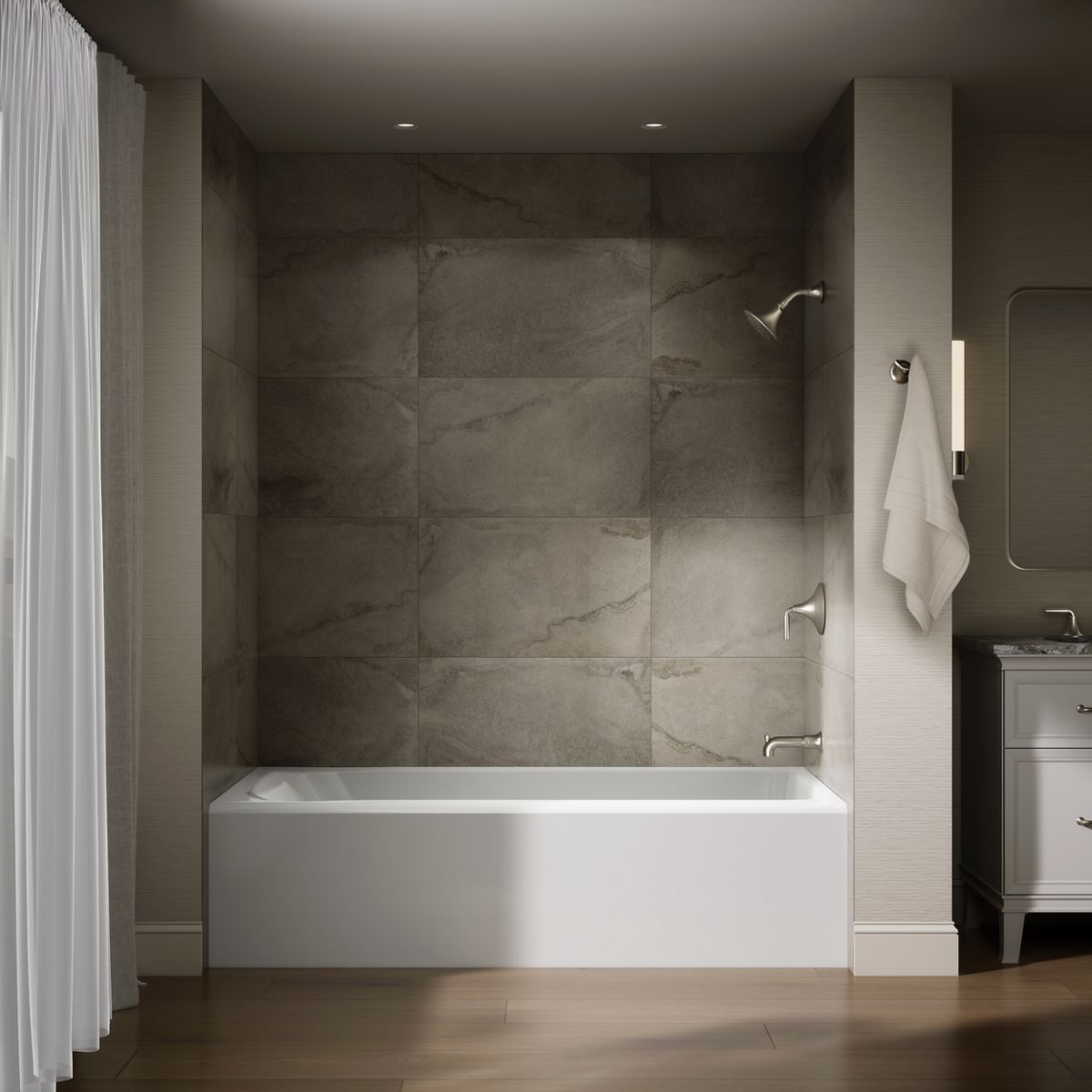 Up to 2 walls & multiple product categories visible, 1-point perspective